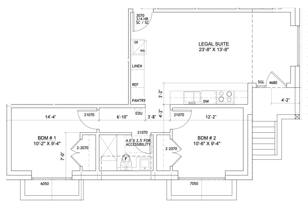 Brand New 2-Bed Suite Furnished Free Utilities in Vancouver West (Near Dunbar C.C.) 溫西全新兩房帶家具包水電氣近Dunbar 社區中心 | Selling & Managing Vancouver Real Estate Top-down floor plan of a legal suite with kitchen along the bottom, showing DW, sink, stove, fridge, pantry, linen, and two bedrooms labeled BDM #1 and BDM #2; overall layout and door locations are visible.